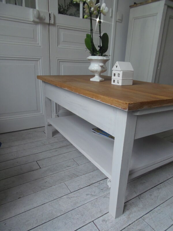 table basse Réalisée À Partir D'une table Vintage Patinée Gris Perle, Plateau Bois