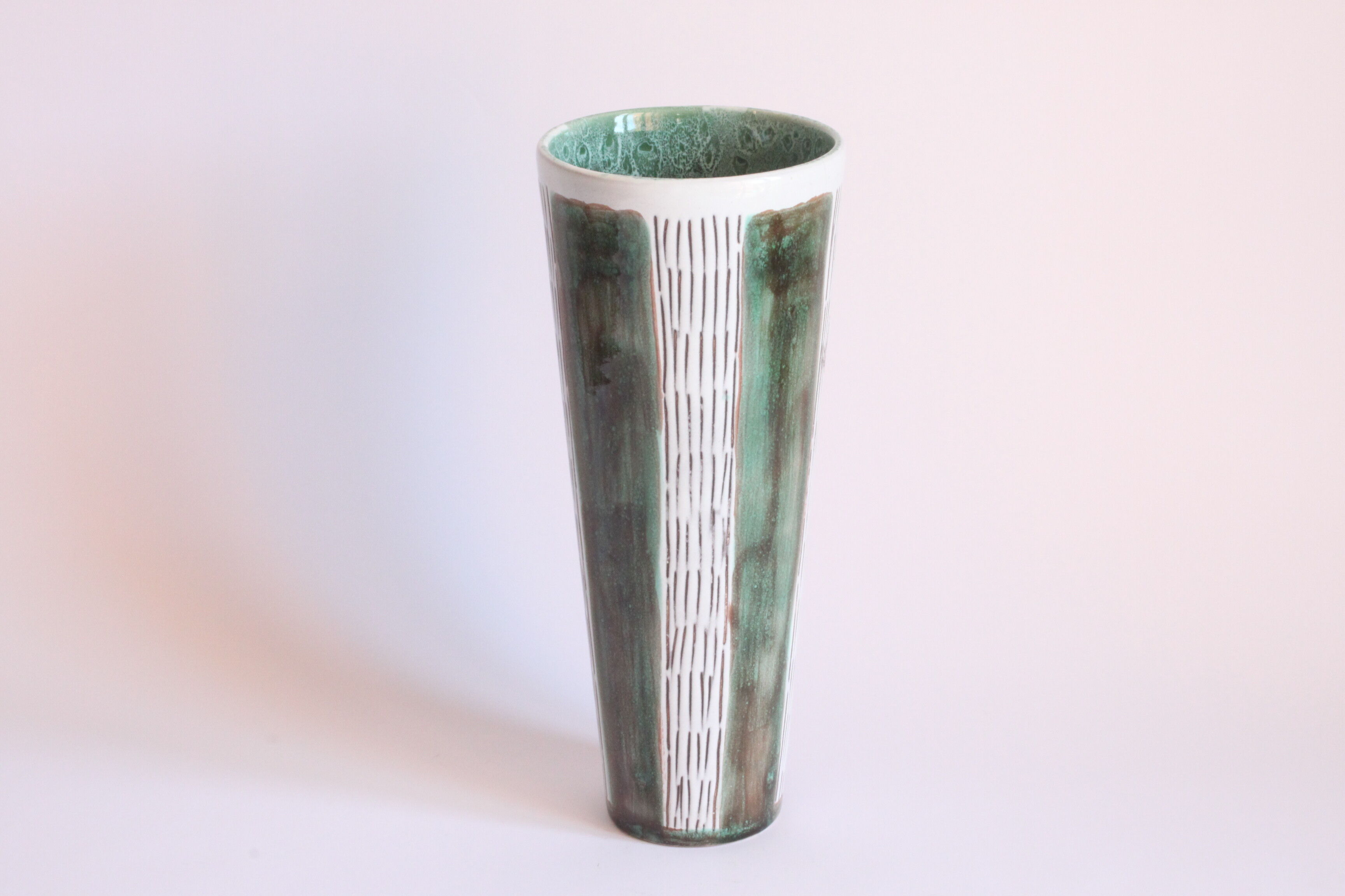 Striped green vase by Faiencerie Thulin, Belgium 1950s.