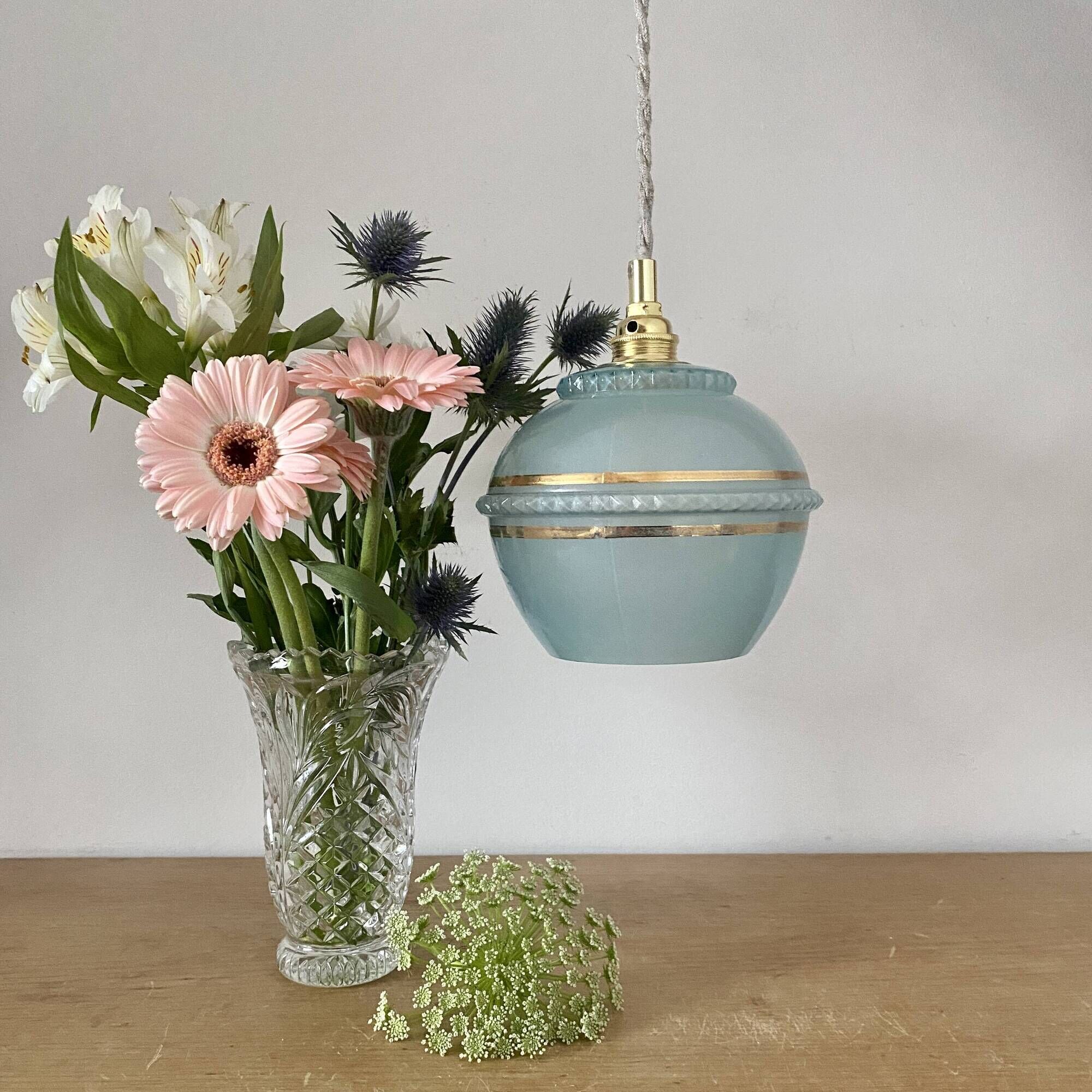 Vintage art deco tulip pendant light in blue and gold glass