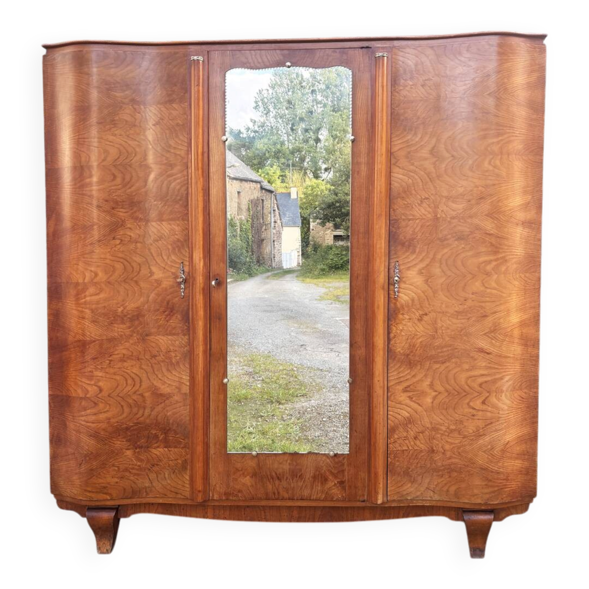 Art Deco wardrobe in flame walnut with central mirror – French elegance
