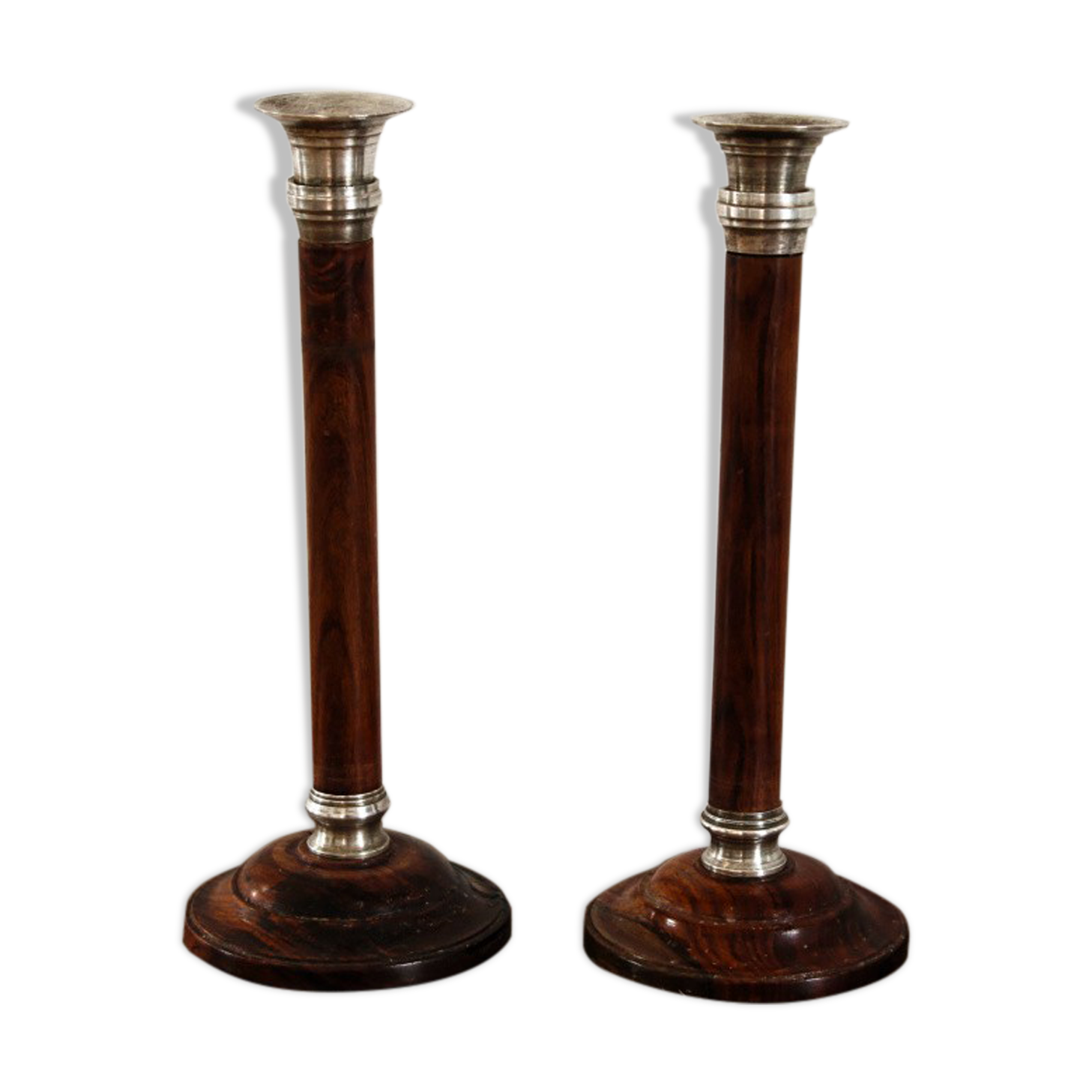 Pair of Indian candle holders, wood and silver metal