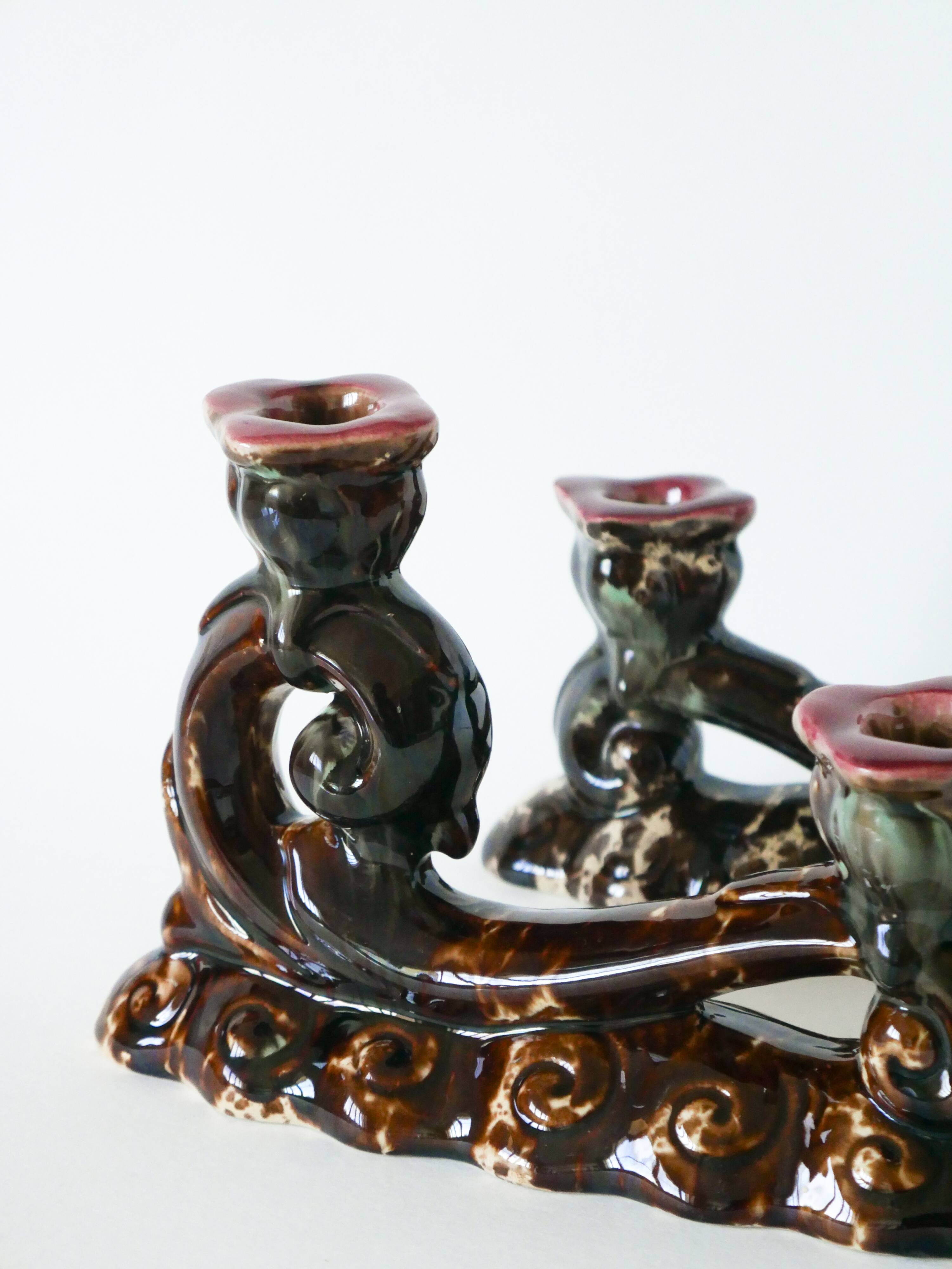 pair of double ceramic candlesticks, Brown & Pink, 1970