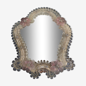 Venetian psyche mirror, in blown Murano glass, floral and beaded motifs