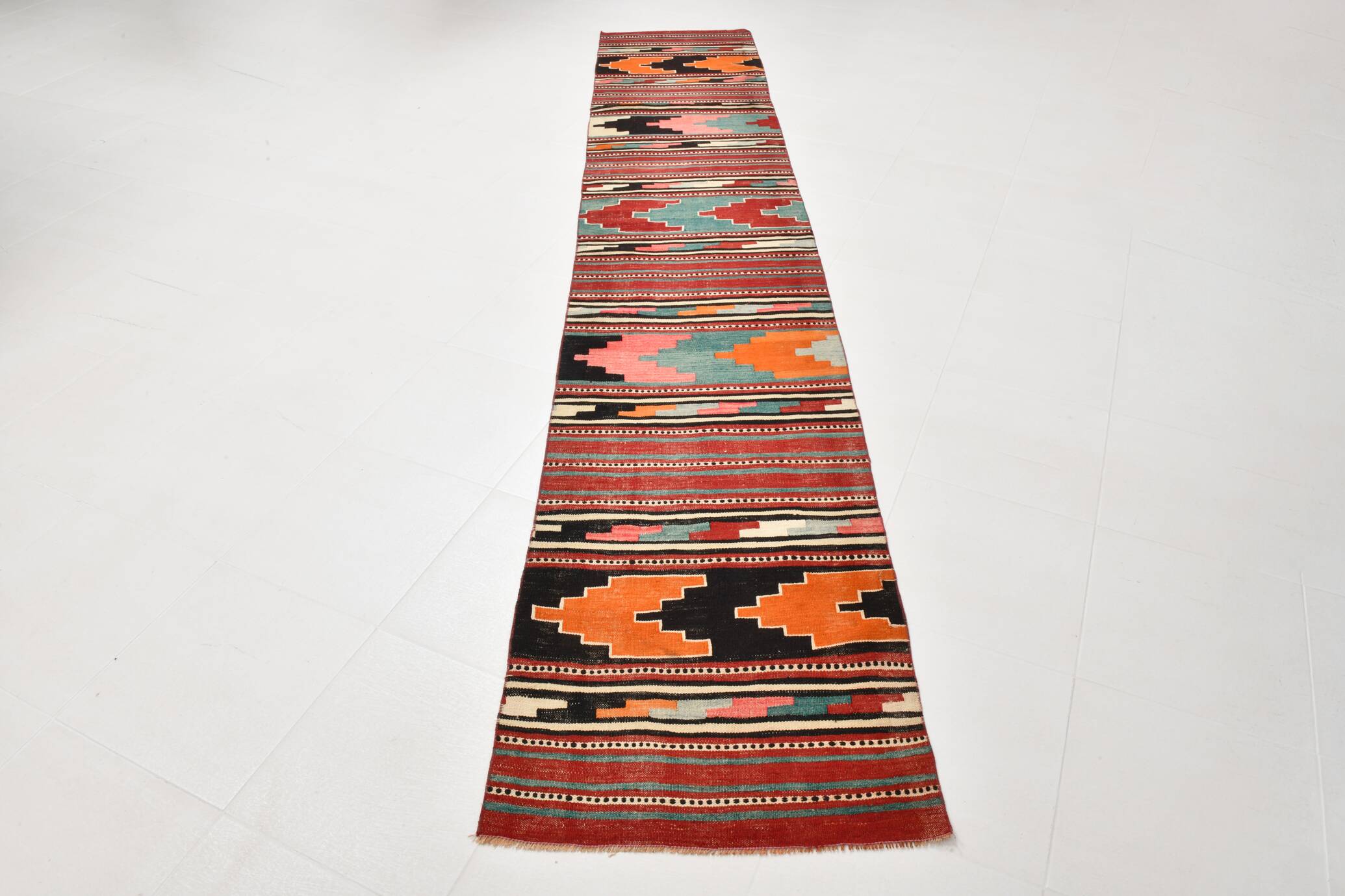 2x13 Green & Red Stair Kilim Runner Rug, 72x387Cm