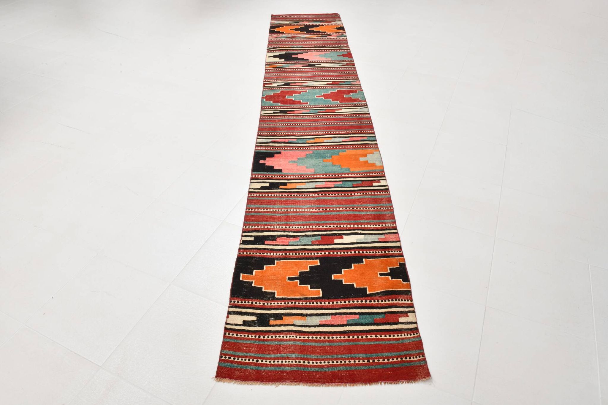 2x13 Green & Red Stair Kilim Runner Rug, 72x387Cm