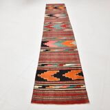 2x13 Green & Red Stair Kilim Runner Rug, 72x387Cm