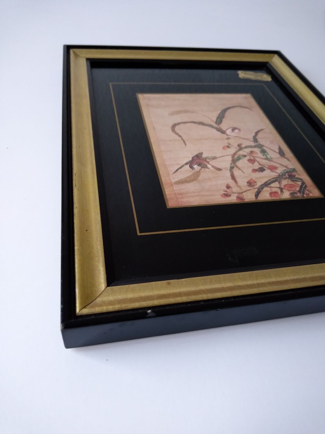 Frame decoration birds black and gold handmade screen printing France