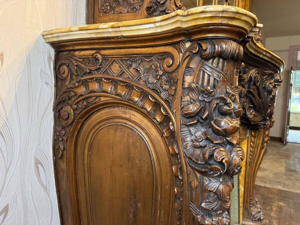 Impressive Fireplace And Its Trumeau In Carved Wood Underlined With Marble