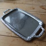 Vintage silver-plated metal tray with handles and embossed pattern