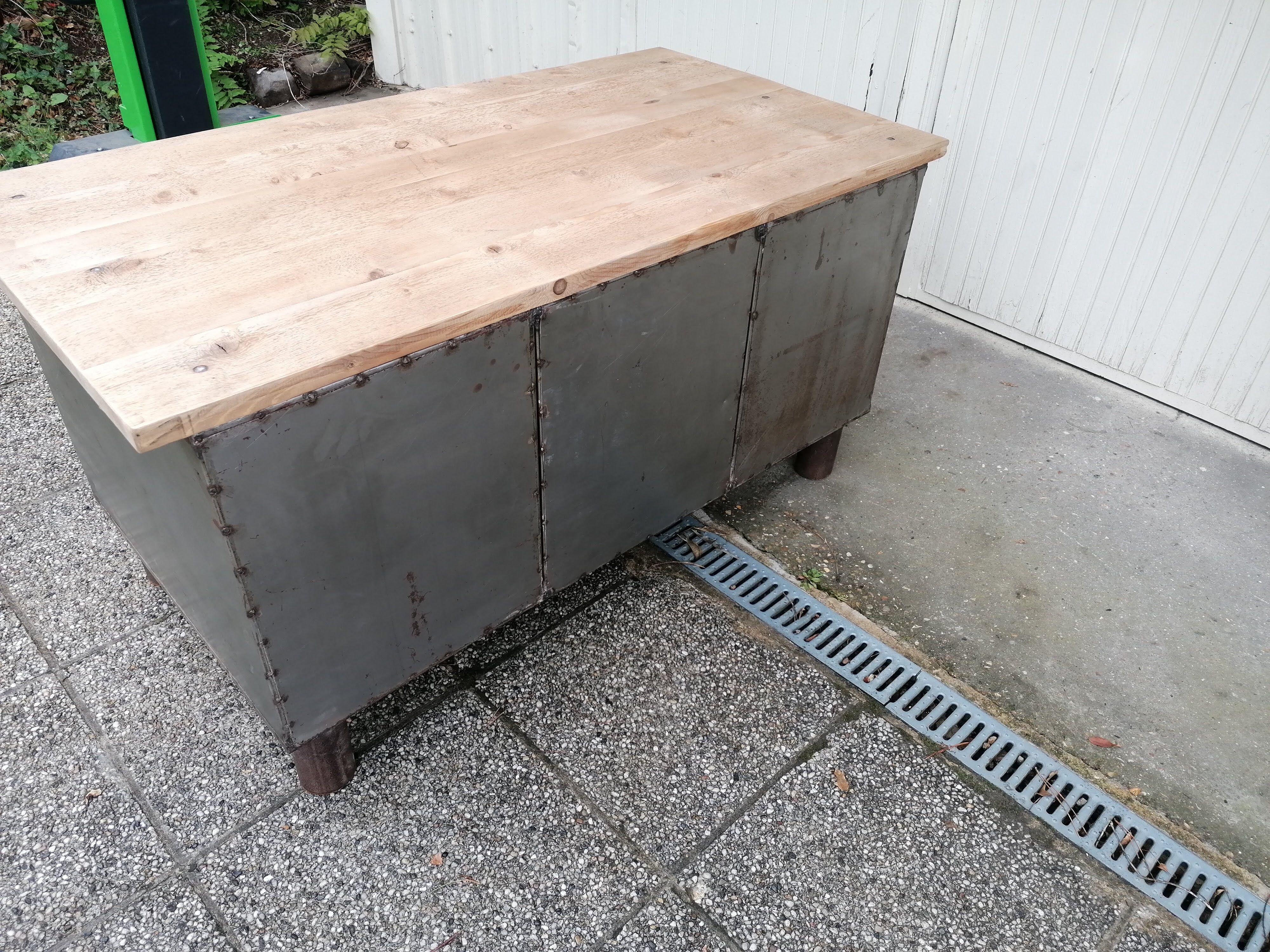 Antique workshop workbench, vintage, metal and wood