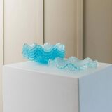 Six-piece turquoise crystal glass bowls, vintage 1980s, ruffled scalloped rims, pressed texture