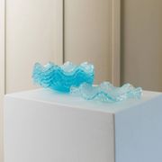 Six-piece turquoise crystal glass bowls, vintage 1980s, ruffled scalloped rims, pressed texture