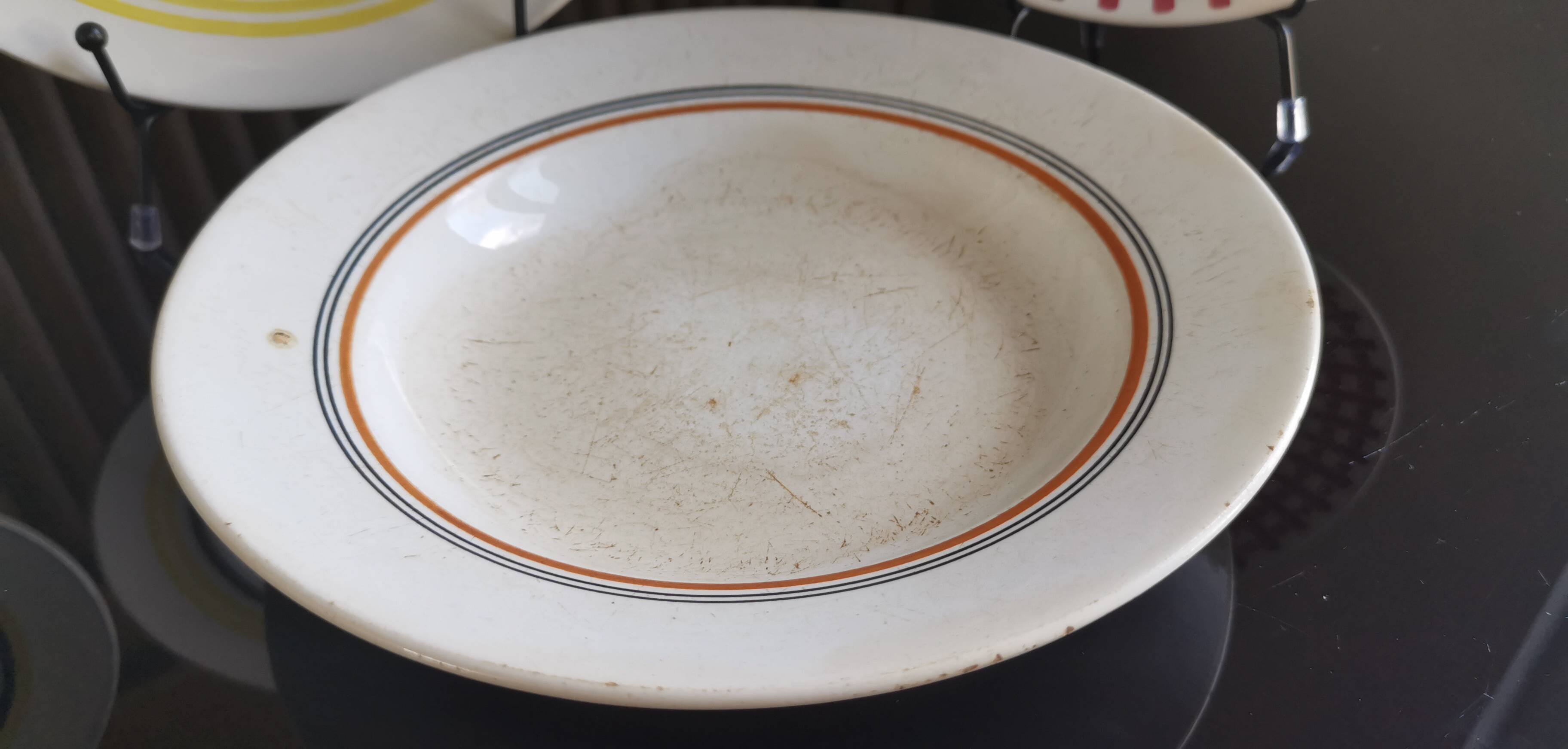 6 old plates mismatched geometric patterns Moulin des Loups, St Amand