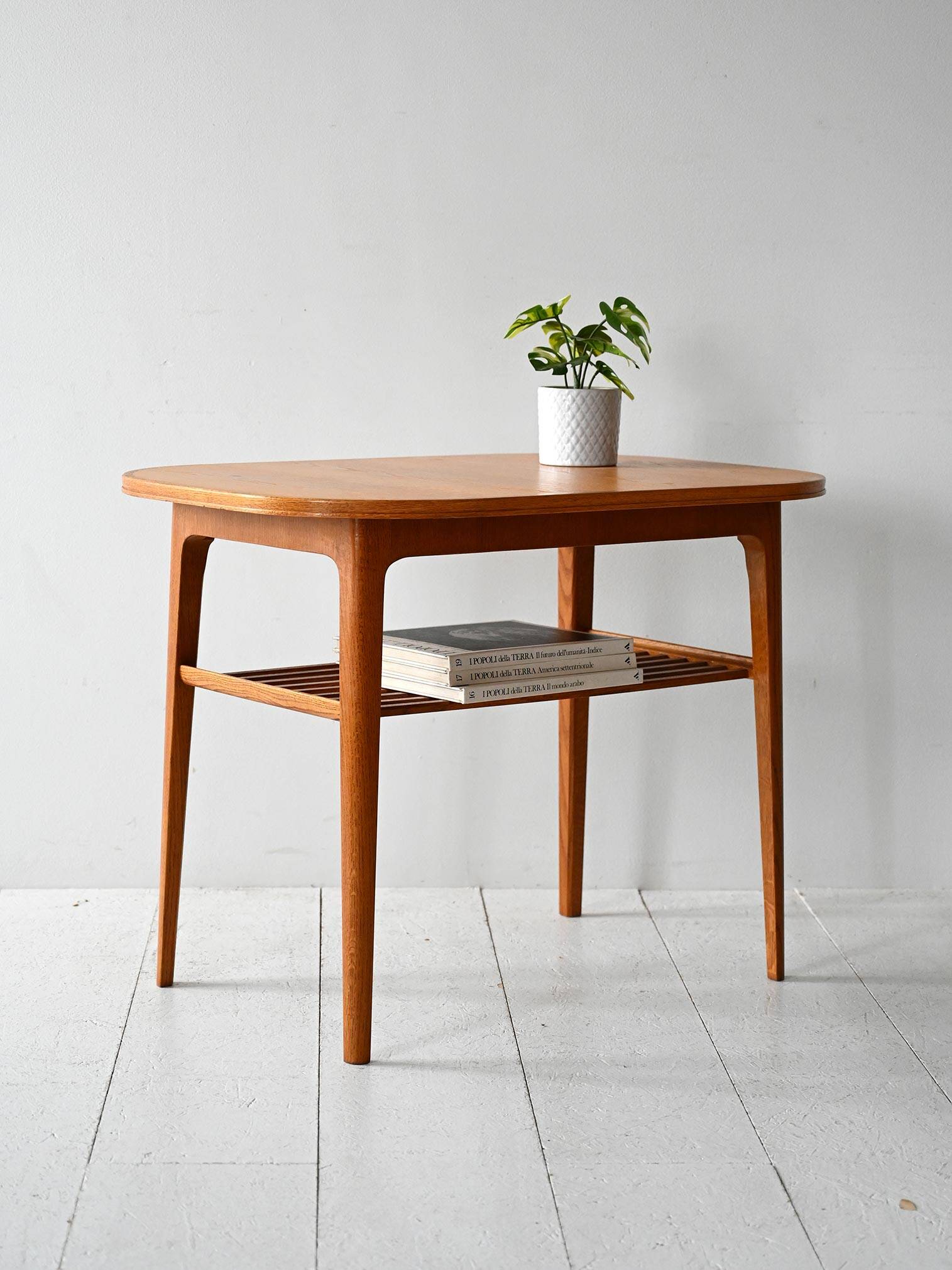 1960s Scandinavian oak coffee table with slatted shelf