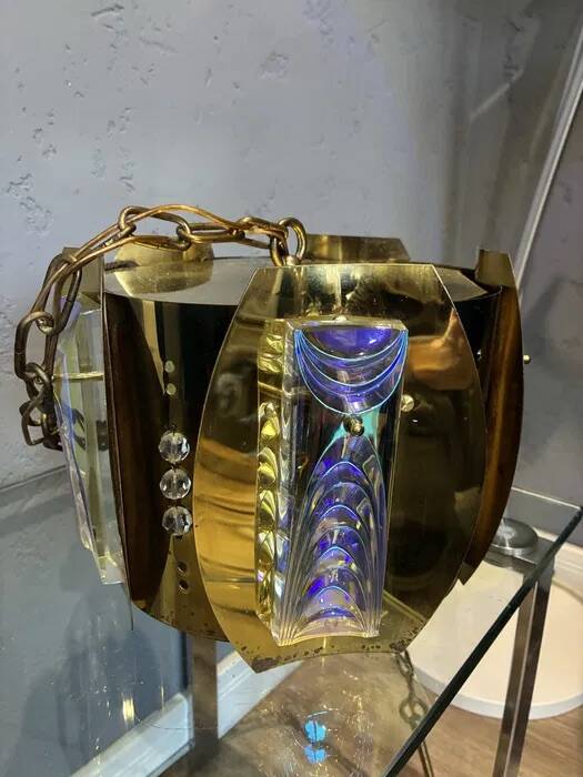 Vintage Brass Pendant Lamp Iridescent Murano Glass