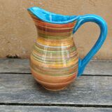 Striped ceramic pitcher, blue handle, Spanish craftsmanship, Ivanros