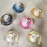6 mocha coffee cups with saucers and spoons, colorful, golden handle, from the 60s