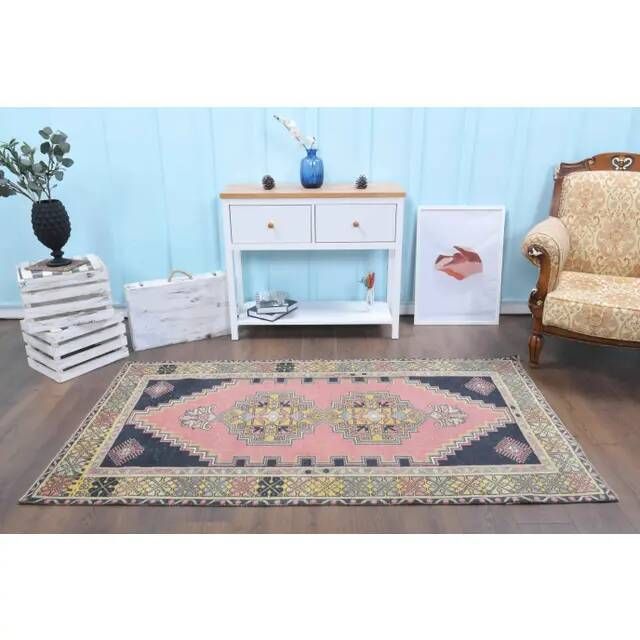1970s Turkish Oushak Handmade Wool Cotton Pink Area Rug 114x212