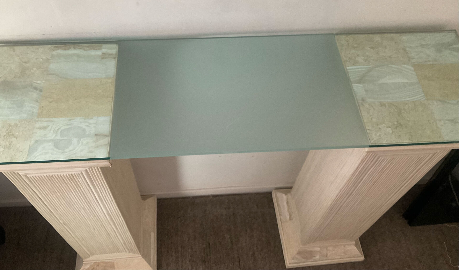 Console vintage en travertin, bois et verre