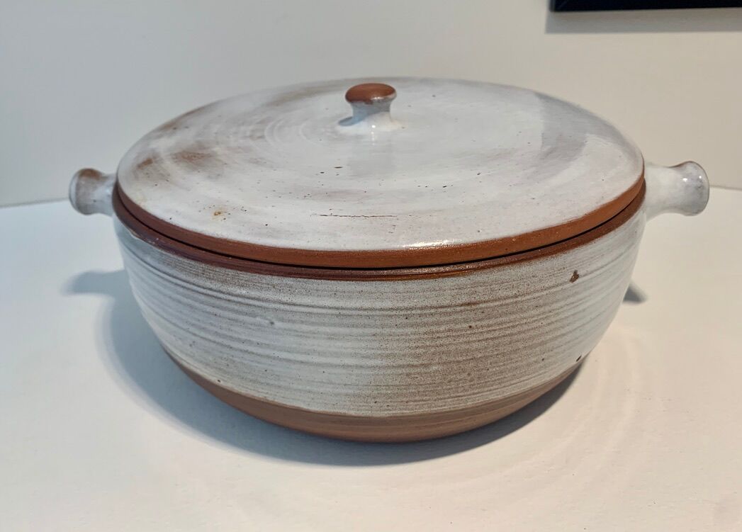 LARGE COVERED DISH SANDSTONE BY PUISAYE JEANNE AND NORBERT PIERLOT 1960