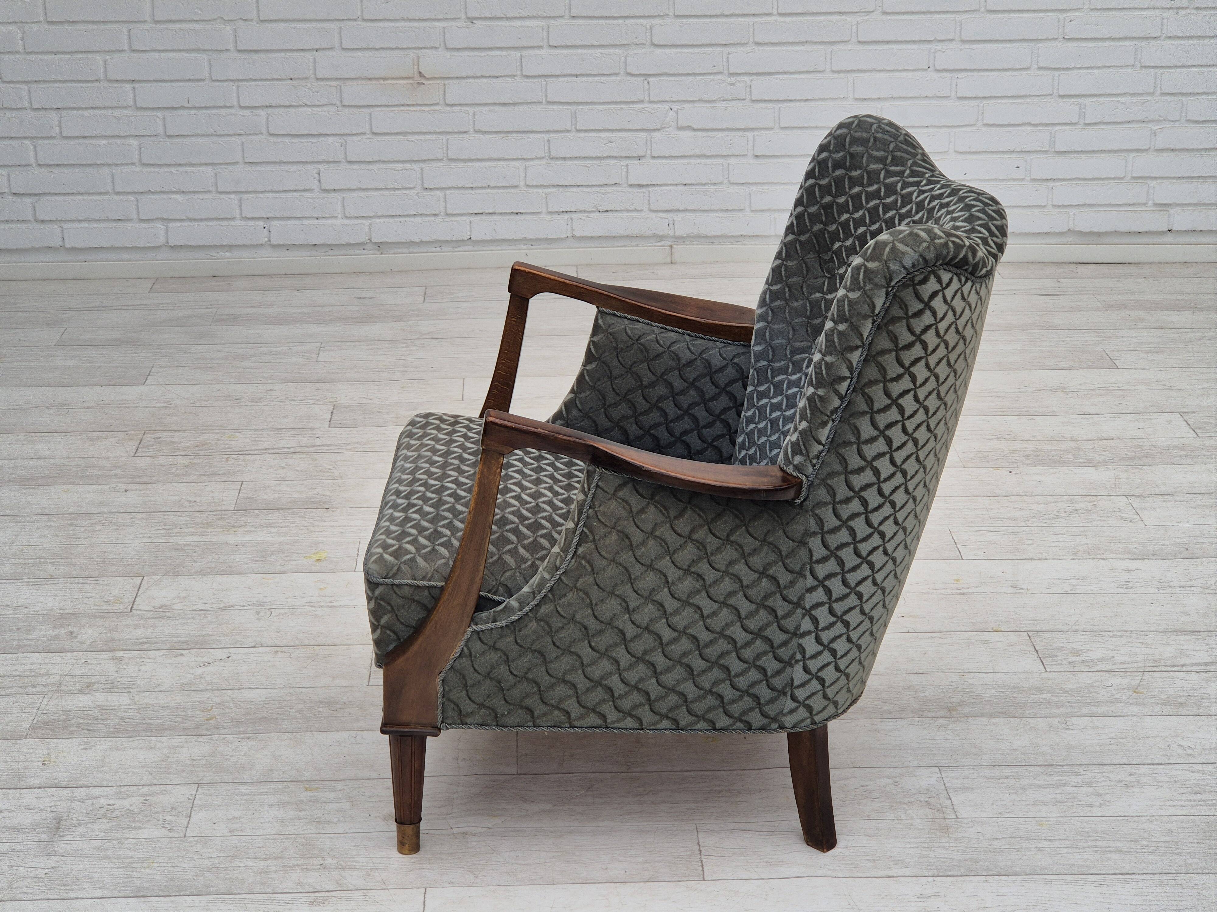 1960s, Danish armchair, original very good condition, furniture velour, beech wood,