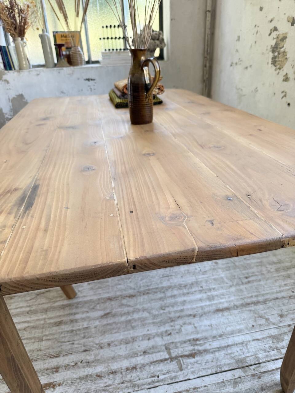 Beech and pine farmhouse table with spindle legs 170 cm