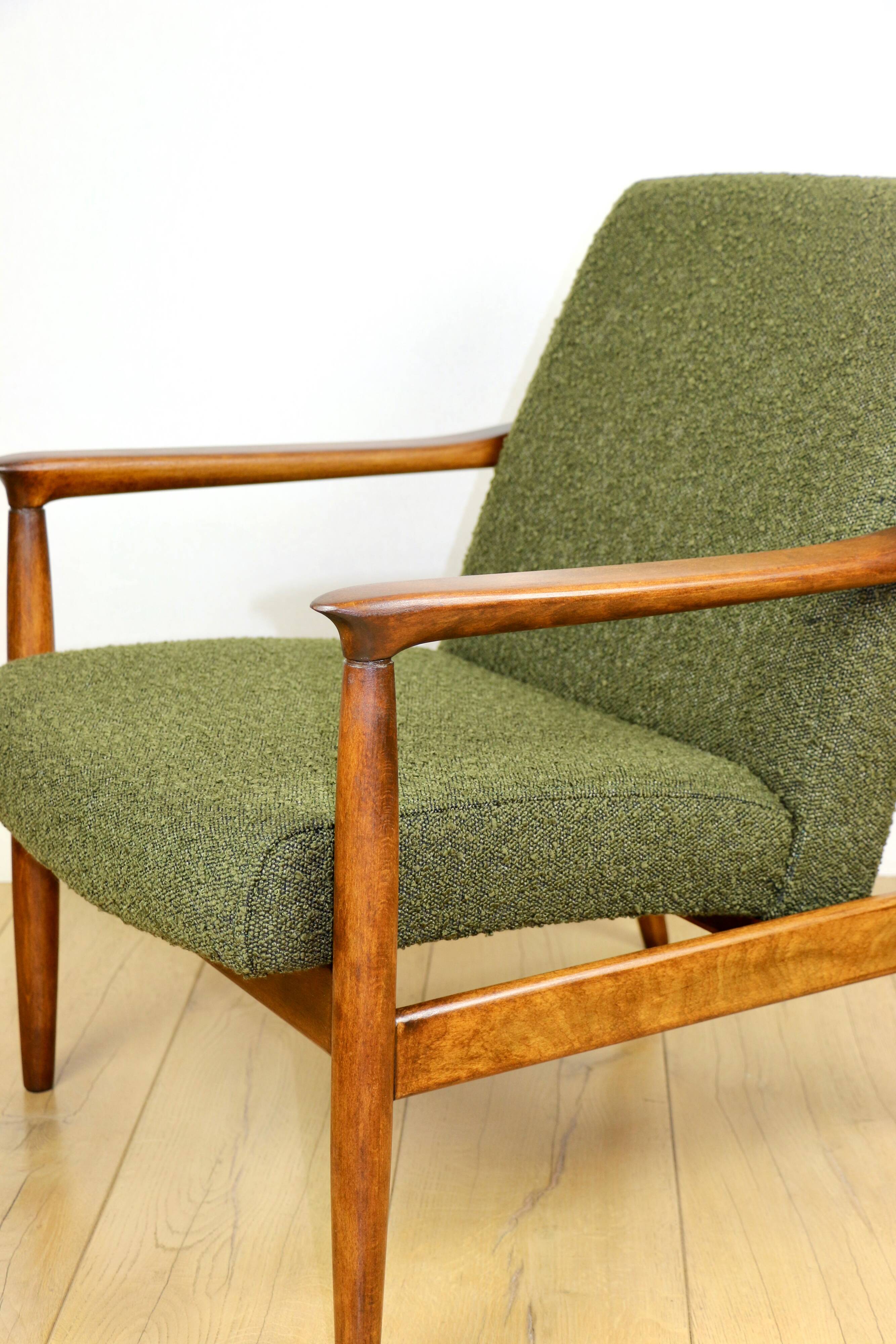 GFM-64 armchair, design by Edmund Homa from the 60s, olive green boucle - 2 pieces available