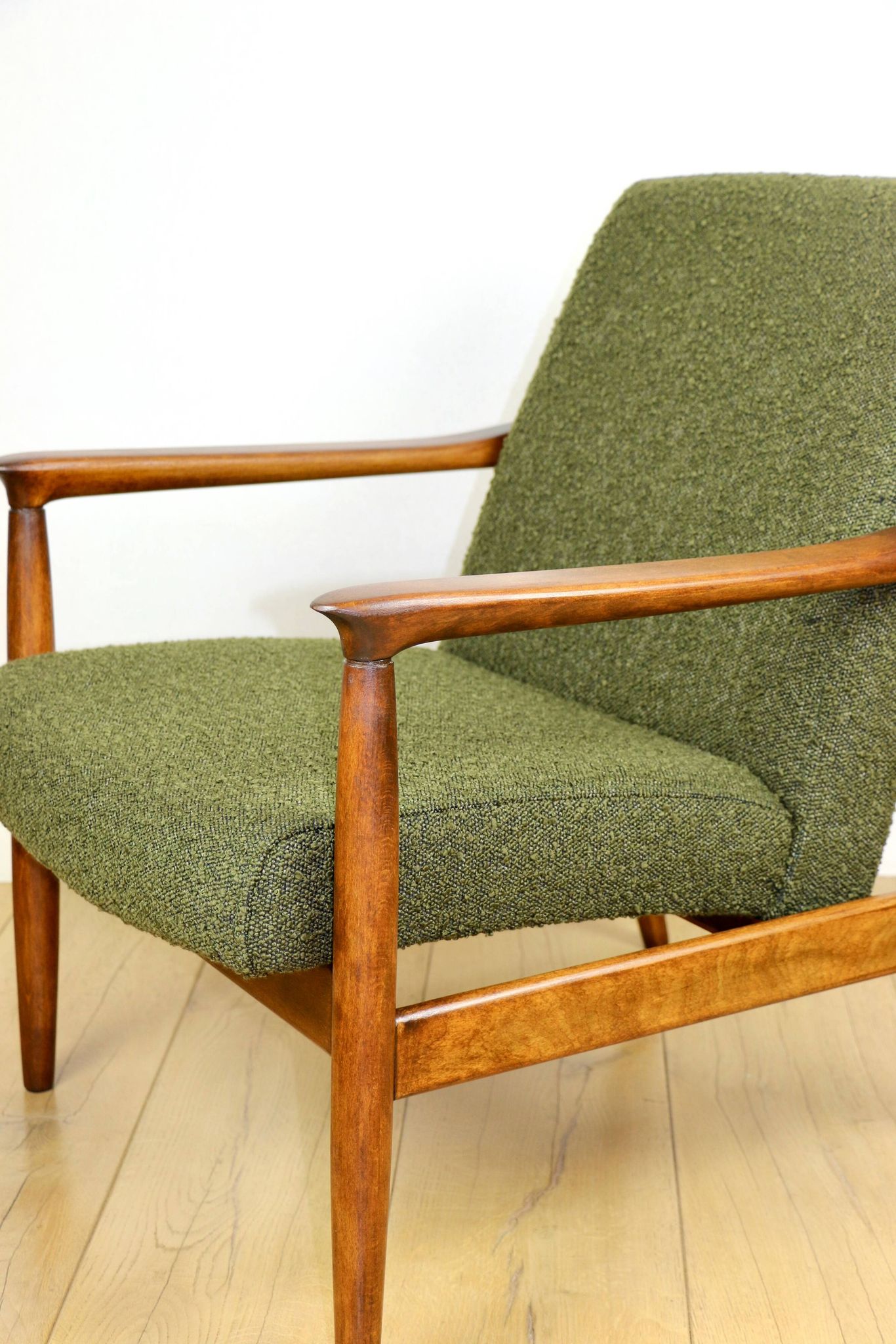 GFM-64 armchair, design by Edmund Homa from the 60s, olive green boucle - 2 pieces available
