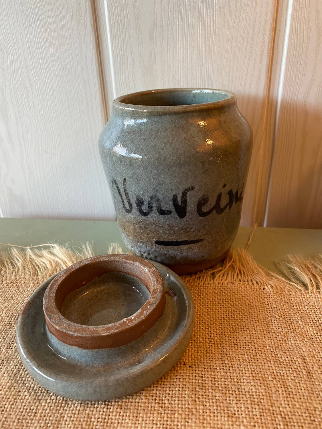 Enameled stoneware pot signed