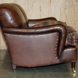 George Smith Signature Scroll leather canapé with tartan Scottish wool cushions.