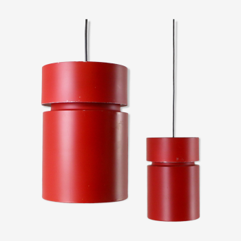 Pair of red cylinder pendant lights, 1970s