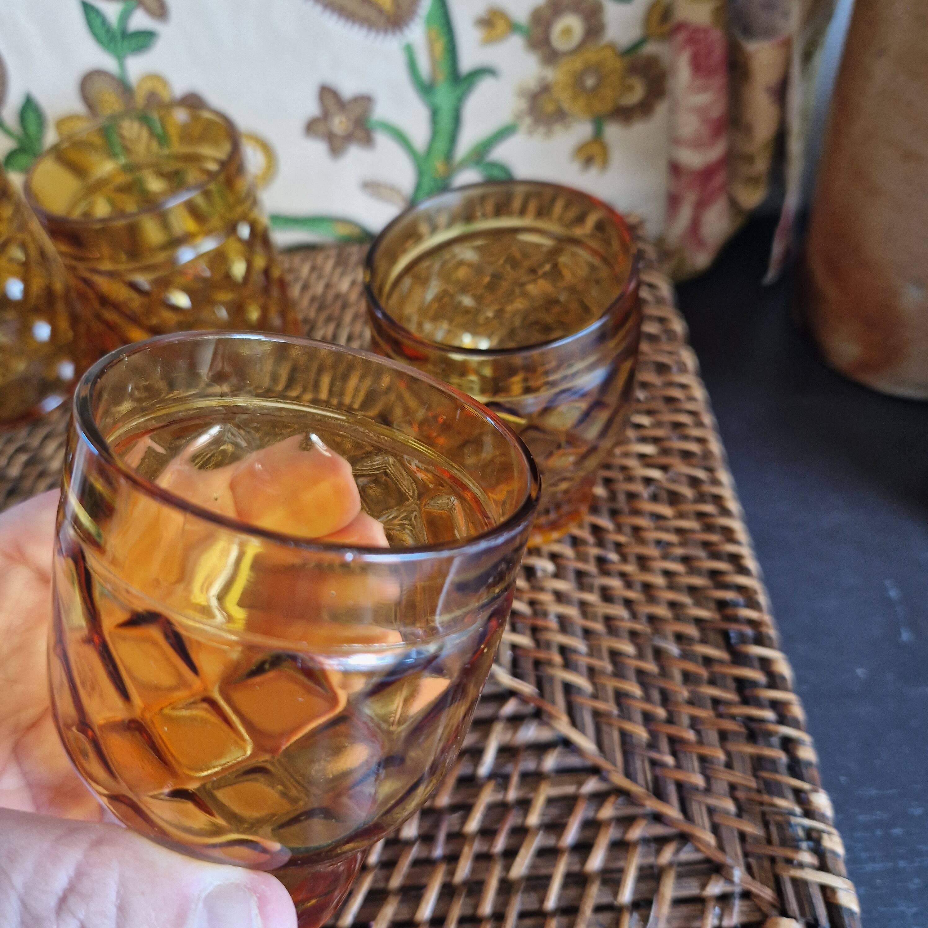 Set of 5 vintage glasses in amber yellow glass pernod france 2 assorted models