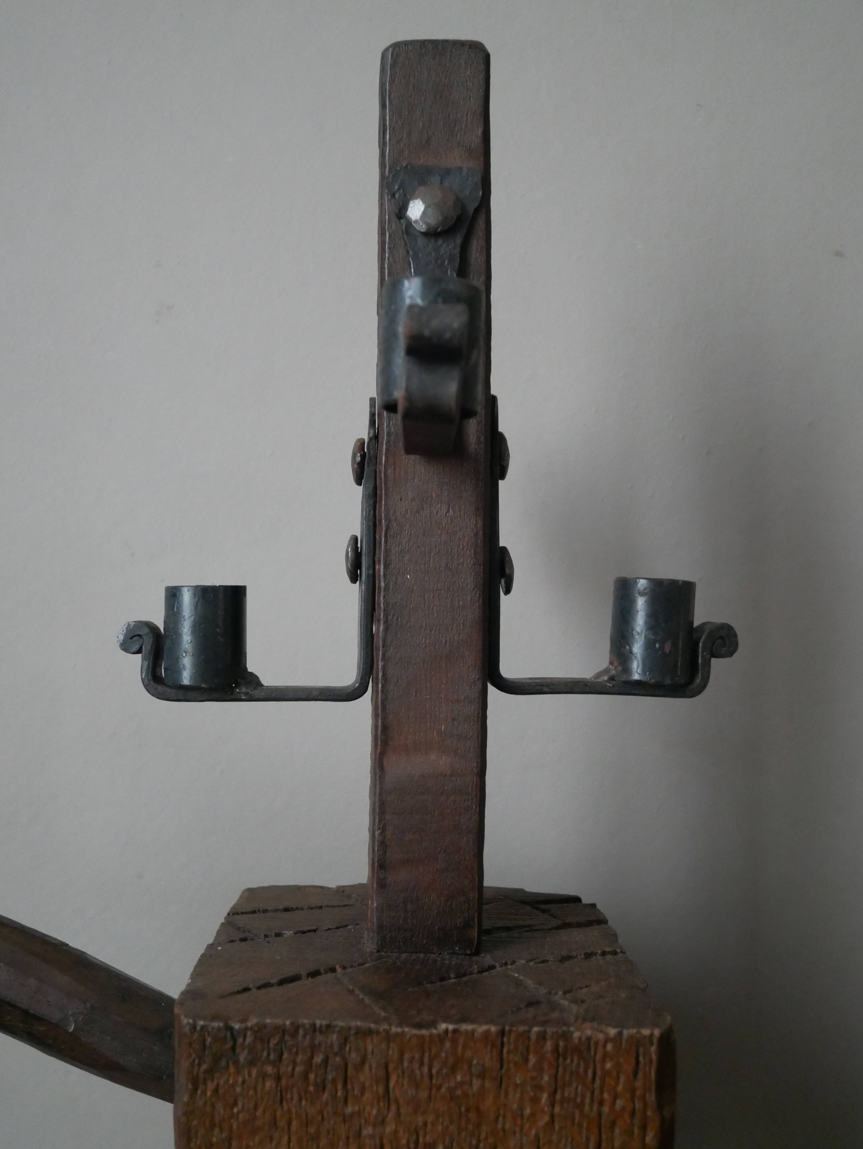 Candle holder wood wrought iron folk art decoration brutalist handmade countryside candlestick candelabra