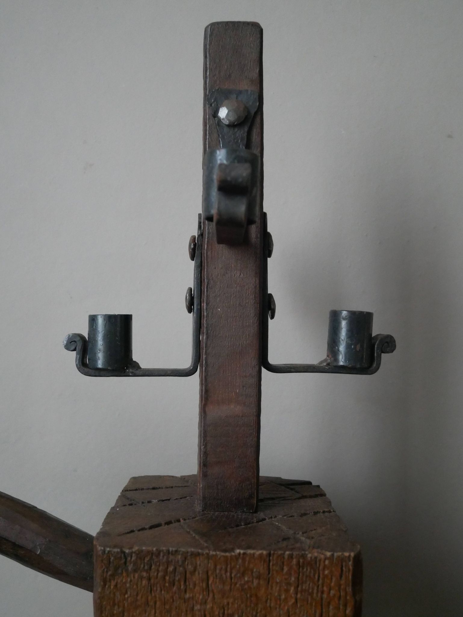 Candle holder wood wrought iron folk art decoration brutalist handmade countryside candlestick candelabra