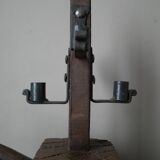 Candle holder wood wrought iron folk art decoration brutalist handmade countryside candlestick candelabra