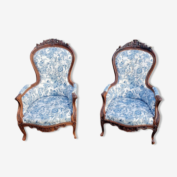 Pair of armchairs shells in satin fabric with blue floral decoration
