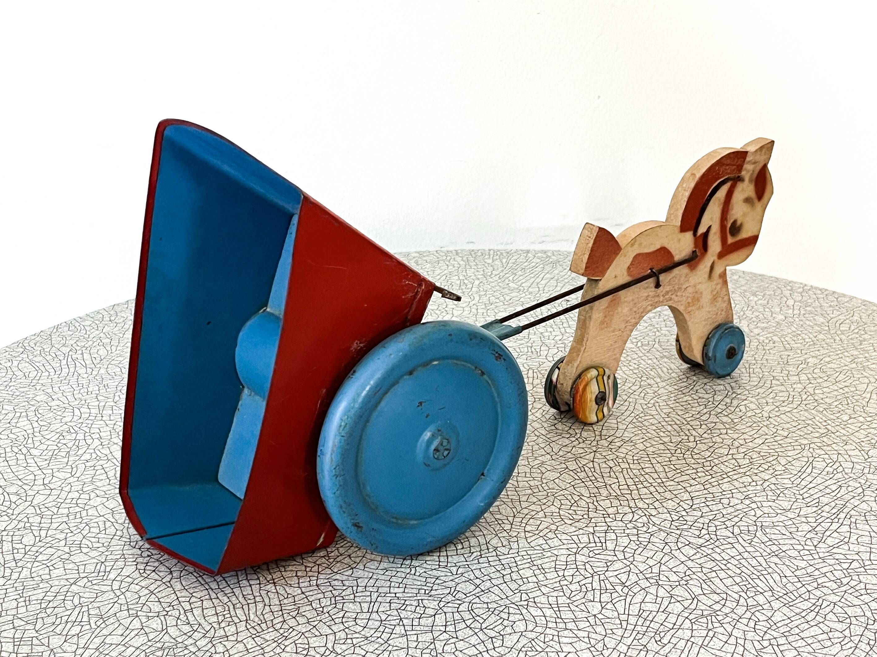 Horse cart and tin cart, old pull toy