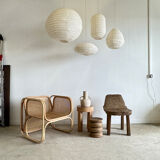 Suspension in rattan and japanese natural linen in the shape of a lantern h50 d30