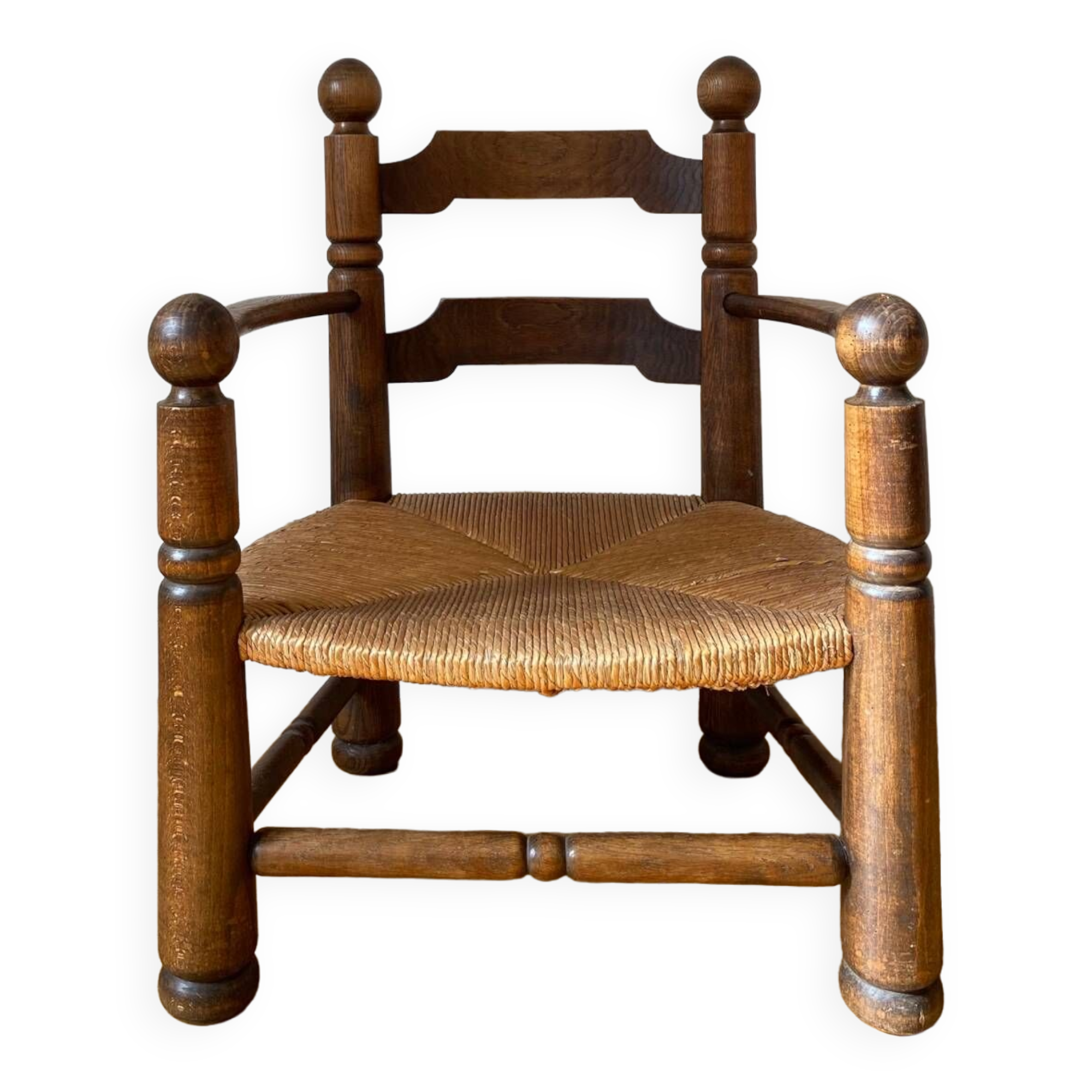 Straw and turned wood fireplace armchair in the style of Charles Dudouyt