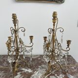 Pair of lamps, 3-light candlesticks, shabby chic, glass tassels, pendants, pleated fabric lampshade