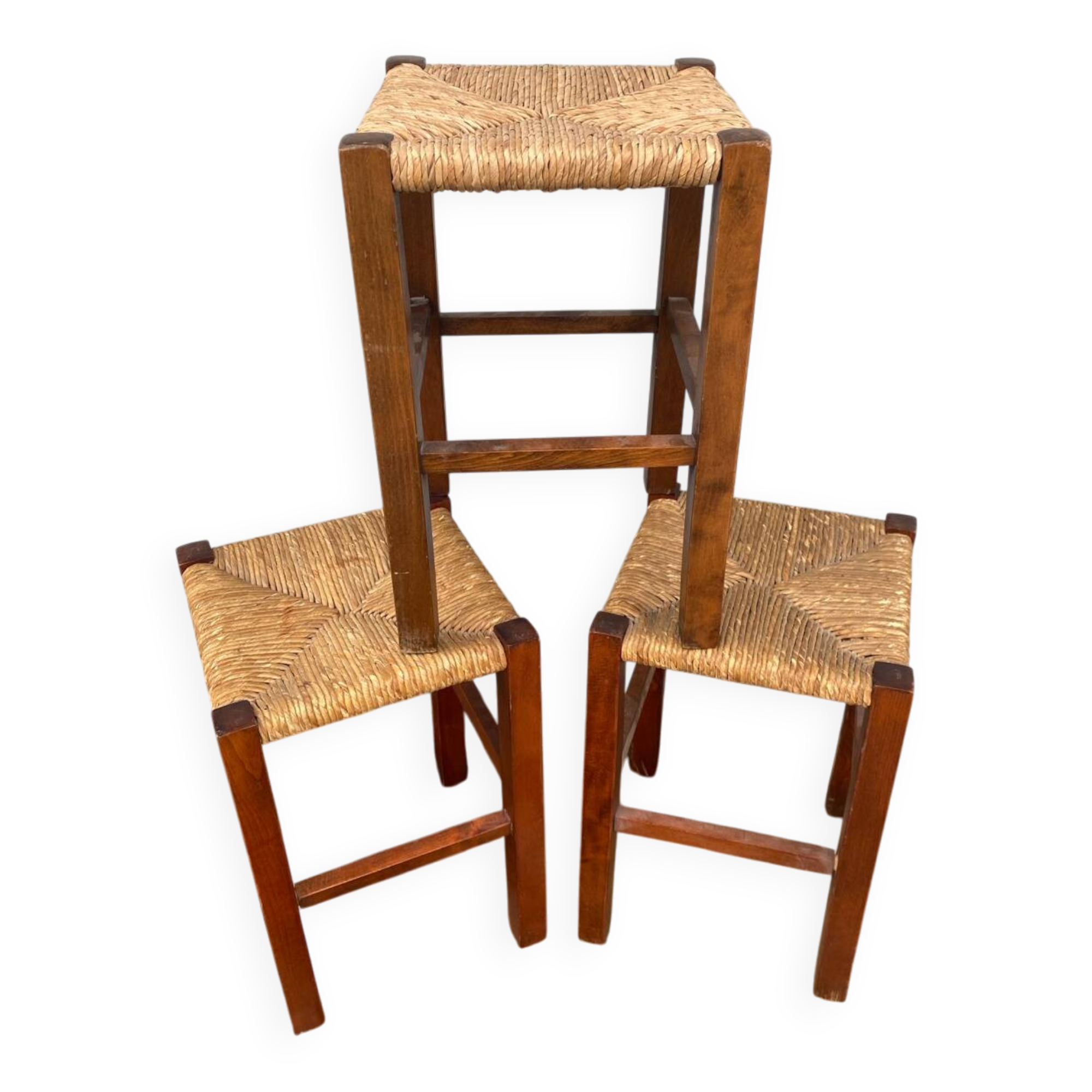 Série 3 Tabourets Anciens en Bois + Assise Paille Tressée Vintage