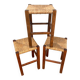 Série 3 Tabourets Anciens en Bois + Assise Paille Tressée Vintage