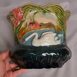 Cache-pot ancien barbotine décor aux cygnes pot à fleurs art nouveau