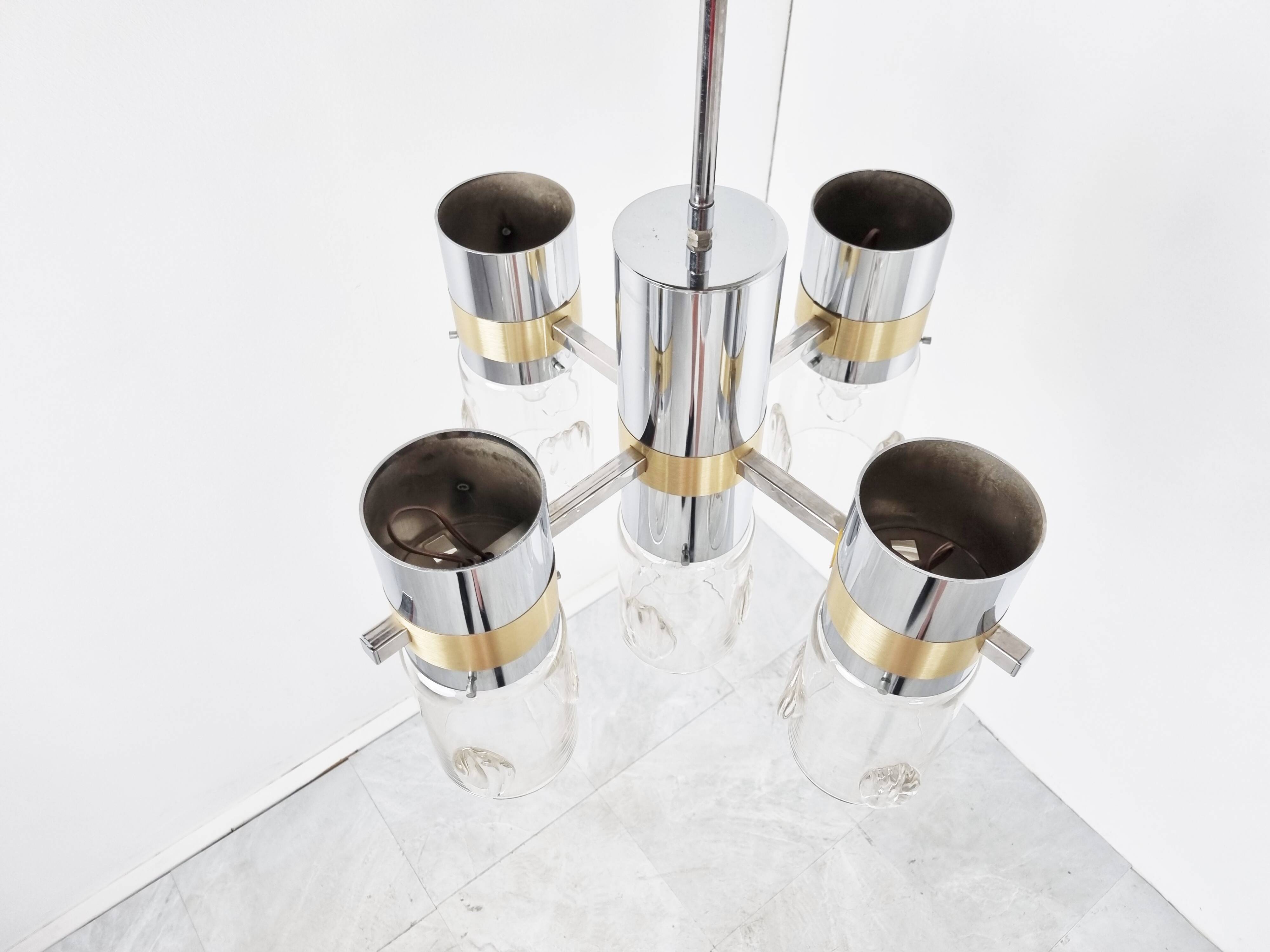 Vintage italian glass and chrome chandelier, 1970s