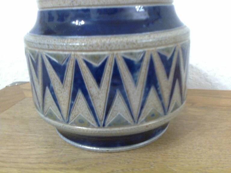 real Betschdorf Alsace vase pot, salt sandstone, blue gray, incised patterns