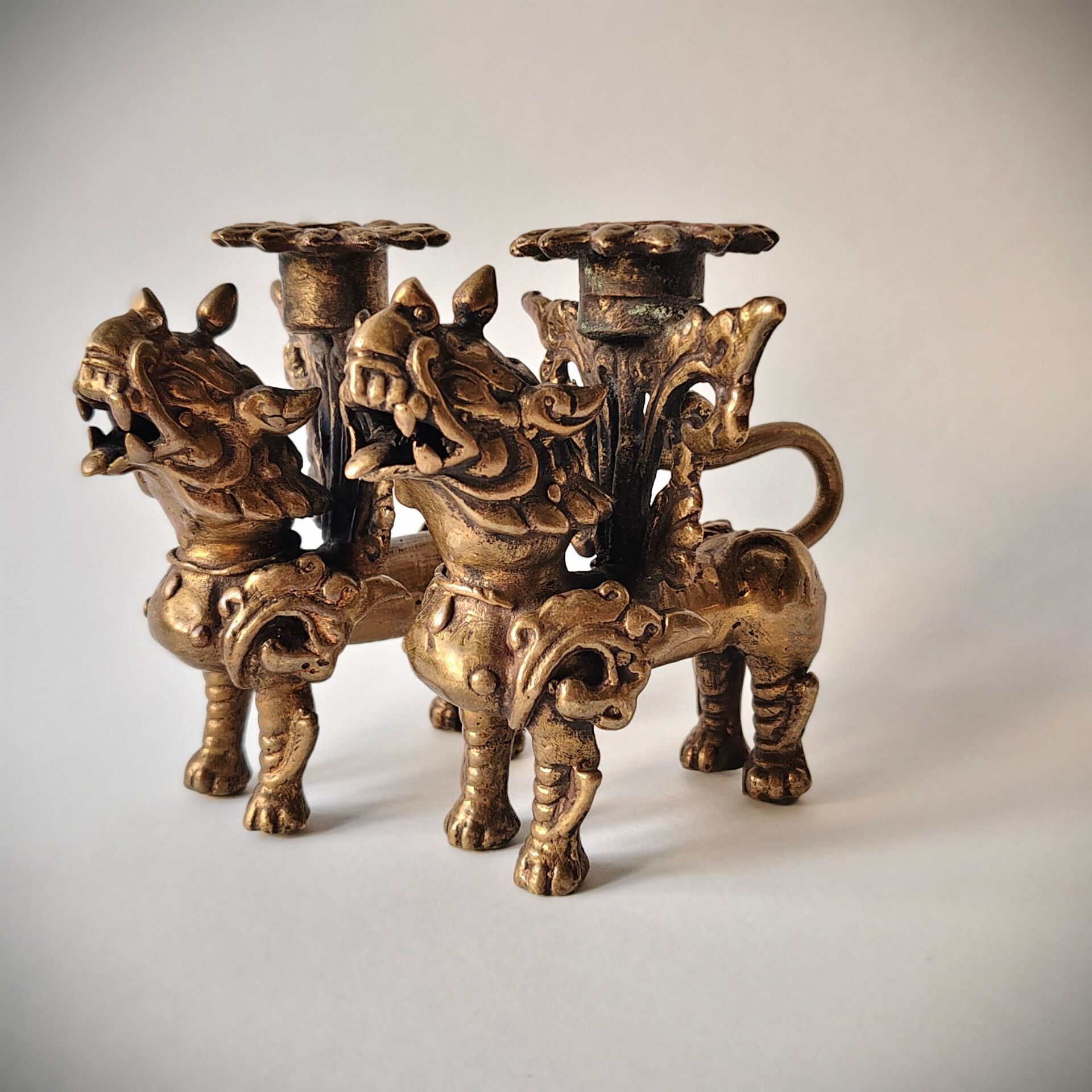 Pair of vintage brass candlesticks, Foo Dogs / Guardian Lions