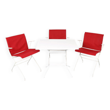 Ensemble de jardin vintage français des années 50 conçu par Raoul Guys (attribué) 3 chaises et une table.