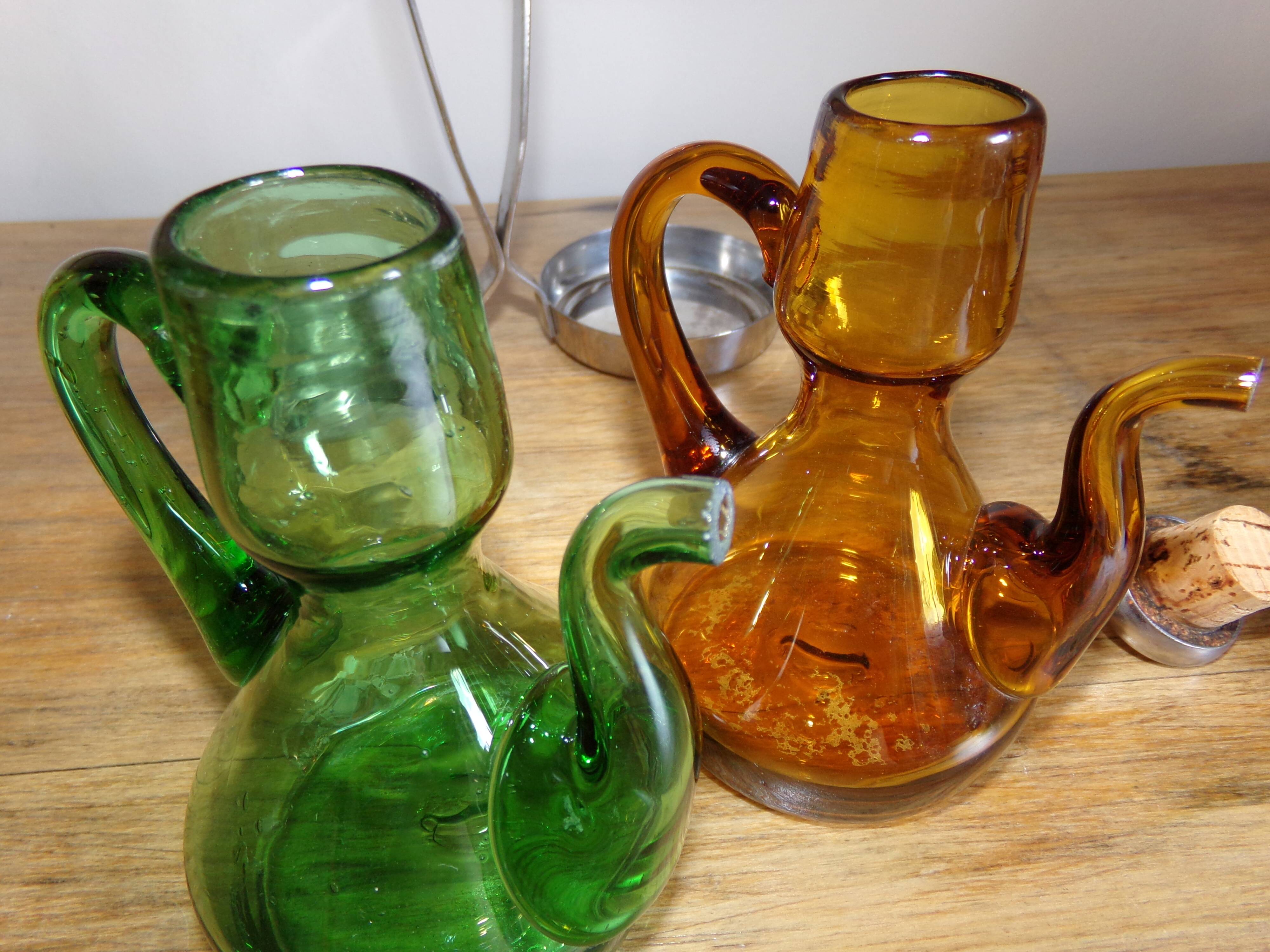 Oil and winery in amber and green sulphur glass