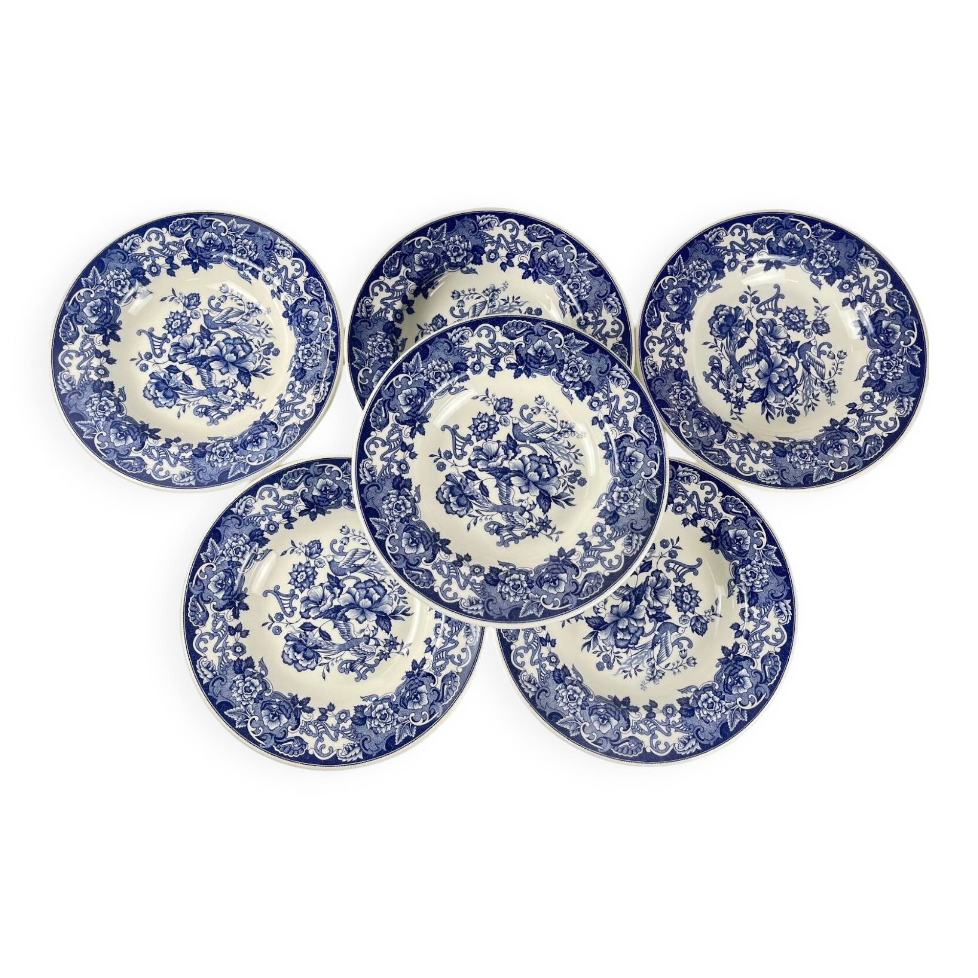 Set of 6 blue earthenware soup plates, floral and bird decoration, early