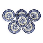 Set de 6 assiettes creuses en faïence bleue, décor floral et oiseaux, début